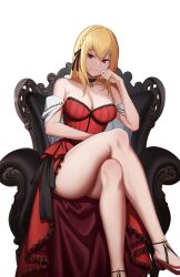 Rule 34 | 1girl, absurdres, azur lane, bare shoulders, black choker, black ribbon, blonde hair, braid, breasts, cero (last2stage), choker, cleavage, closed mouth, crossed legs, dress, foot out of frame, hair ribbon, highres, king george v (azur lane), king george v (rose&#039;s regalia) (azur lane), large breasts, long hair, looking at viewer, red dress, red eyes, ribbon, simple background, sitting, smile, solo, thighs, white background
