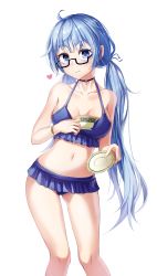 Rule 34 | 1girl, absurdres, ahoge, bad id, bad pixiv id, bare shoulders, bikini, bikini skirt, blue bikini, blue hair, breasts, collarbone, commentary request, copyright request, cup, highres, holding, holding cup, large breasts, long hair, nankam, simple background, solo, swimsuit, twintails, white background