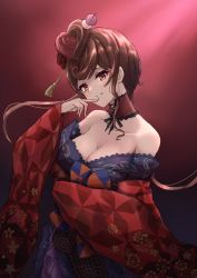 Rule 34 | 1girl, breasts, brown hair, carnation, cherry blossom print, cleavage, detached collar, floral print, flower, food-themed hair ornament, hair flower, hair ornament, hand up, highres, ito t20a, japanese clothes, kimono, large breasts, long hair, neckwear request, obi, parted lips, red background, red eyes, sash, smile, solo, tassel, yuugiri (zombie land saga), zombie land saga