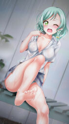 Rule 34 | 1girl, absurdres, bang dream!, barefoot, dutch angle, feet, foot focus, foot out of frame, green eyes, highres, hikawa hina, long hair, looking at viewer, one eye closed, open clothes, open mouth, open shirt, panties, pantyshot, rain, sitting, soles, solo, tina1213, toes, underwear, wet