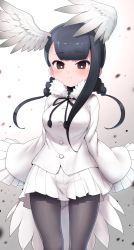 Rule 34 | 1girl, bird girl, bird tail, bird wings, black-headed ibis (kemono friends), black bow, black bowtie, black hair, black pantyhose, blush, bow, bowtie, braid, brown eyes, coat, commentary request, cowboy shot, frilled sleeves, frills, fur collar, head wings, highres, kemono friends, long hair, long sleeves, looking at viewer, pantyhose, pleated skirt, ransusan, skirt, solo, tail, twin braids, white coat, white fur, white skirt, wings
