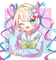 Rule 34 | 1girl, ;d, blonde hair, blue bow, blue eyes, blue hair, blue nails, blue shirt, blush, bow, chouzetsusaikawa tenshi-chan, hair bow, hair ornament, hand on own cheek, hand on own face, hand up, heart, heart hair ornament, highres, long hair, long sleeves, looking at viewer, multicolored hair, multicolored nails, naka, needy girl overdose, one eye closed, open mouth, pink bow, pink hair, pink nails, purple bow, quad tails, sailor collar, shirt, smile, solo, sparkle, twintails, upper body, very long hair, yellow bow, yellow nails