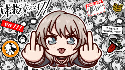 Rule 34 | 1girl, :p, absurdres, arms up, black choker, black jacket, bulldog, choker, commentary, deformed, double middle finger, english commentary, english text, from above, girls band cry, grey eyes, grey hoodie, highres, hood, hoodie, jacket, jewelry, kawaragi momoka, long hair, looking at viewer, middle finger, mixed-language text, necklace, noredji, outline, paw print, pixelated, skull, solo, speech bubble, thick outlines, tongue, tongue out, v-shaped eyebrows, white outline