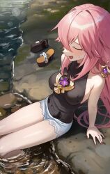 Rule 34 | 1girl, alternate costume, bare shoulders, black shirt, blue shorts, blush, breasts, closed eyes, commentary, crossed bangs, genshin impact, highres, large breasts, long hair, open mouth, outdoors, pink hair, pink nails, shedar, shirt, shoes, unworn shoes, short shorts, shorts, simple background, sleeveless, sleeveless shirt, soaking feet, solo, sweat, thighs, yae miko