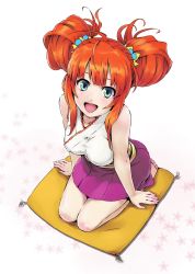 Rule 34 | 1girl, barefoot, blue eyes, brown hair, cushion, feet, from above, fukukitaru, japanese clothes, kimono, kneeling, open mouth, orange hair, red hair, seiza, short twintails, sitting, sleeveless, smile, soles, solo, toes, twintails