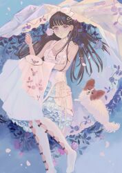 Rule 34 | 1girl, black hair, bra, choker, commentary, crinoline, dog, dress, embroidery, flower, flower choker, frilled dress, frills, garter straps, hair flower, hair ornament, hairclip, highres, holding, holding needle, long hair, looking at viewer, needle, original, pantyhose, parted lips, pink flower, pink rose, purple eyes, purupurualiens, rose, symbol-only commentary, underwear, veil, white choker, white pantyhose
