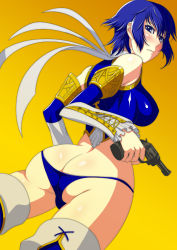 Rule 34 | 1girl, ass, atlus, blue eyes, blue hair, blue panties, blush, boots, breasts, butt crack, covered erect nipples, detached sleeves, from behind, frown, gun, high-cut armor (persona), ippo, large breasts, looking back, lowleg, lowleg panties, matching hair/eyes, panties, persona, persona 4, persona 4 the golden, shirogane naoto, short hair, simple background, solo, thigh boots, thighhighs, underwear, weapon