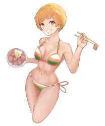 Rule 34 | 1girl, absurdres, bikini, brown hair, chopsticks, collarbone, egg (food), food, fried egg, highres, holding, holding chopsticks, holding plate, light brown hair, meat, multicolored bikini, multicolored clothes, multicolored swimsuit, official alternate costume, persona, persona 4, plate, satonaka chie, short hair, simple background, solo, swimsuit, tefi blum, tomboy, white background