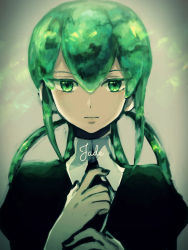 Rule 34 | 10s, 1other, androgynous, black nails, black necktie, canarinu, character name, closed mouth, eyebrows, gem uniform (houseki no kuni), green eyes, green hair, hair between eyes, hair rings, houseki no kuni, jade (houseki no kuni), long hair, looking at viewer, matching hair/eyes, nail polish, necktie, simple background, solo, sparkle, uniform, upper body