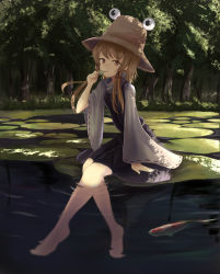 Rule 34 | 1girl, :t, arm support, bad id, bad pixiv id, barefoot, breasts, brown eyes, bush, closed mouth, commentary request, dango, day, eating, eyelashes, feet, food, forest, full body, highres, holding, holding food, koi, leaning forward, light brown hair, lily pad, long sleeves, looking at viewer, medium hair, moriya suwako, nature, outdoors, partially submerged, pond, purple skirt, purple vest, pyonta, ribbon-trimmed sleeves, ribbon trim, shadow, shirt, sidelocks, sitting, skirt, small breasts, solo, swept bangs, touhou, tree, turtleneck, vest, wagashi, white shirt, wide sleeves, yukitourou