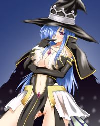 Rule 34 | 1girl, blue hair, blush, breasts, cape, cleavage, crown, elbow gloves, fatima, gloves, hair over one eye, hat, jewelry, large breasts, long hair, looking at viewer, luminous arc, luminous arc 2, navel, no bra, partially visible vulva, pendant, red eyes, skirt, solo, witch, witch hat, yoou (artist)
