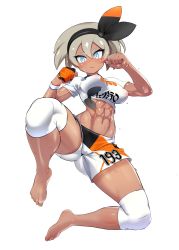 Rule 34 | 1girl, absurdres, barefoot, bea (pokemon), black hairband, blonde hair, blue eyes, bow hairband, breasts, clenched hand, closed mouth, creatures (company), eyelashes, game freak, gym leader, hair between eyes, hairband, highres, leg up, looking at viewer, nintendo, nisetanaka, pokemon, pokemon swsh, short hair, solo, toes