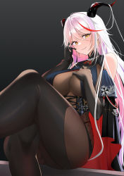 Rule 34 | 1girl, absurdly long hair, aegir (azur lane), azur lane, bare shoulders, black background, black cape, black gloves, black legwear, bodystocking, breast curtains, cape, cross, cross-laced clothes, cross earrings, demon horns, earrings, from below, gloves, hair on horn, hand on own chest, highres, horns, impossible clothes, iron cross, jewelry, crossed legs, long hair, looking at viewer, medal, multicolored hair, red hair, skin tight, smile, solo, streaked hair, two-tone hair, underbust, very long hair, white hair, xiaoxiao de kuangsan, yellow eyes