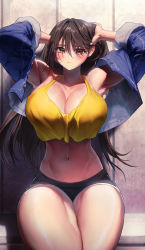 Rule 34 | 1girl, absurdres, armpits, arms up, bare shoulders, blush, breasts, brown hair, cleavage, closed mouth, crop top, cropped jacket, denim, denim jacket, ghdwid, hair between eyes, highres, jacket, large breasts, long hair, looking at viewer, navel, original, short shorts, shorts, sitting, solo, tank top, thick thighs, thighs, yellow eyes, yellow tank top