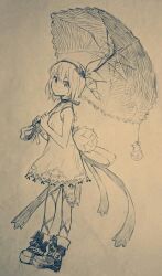 Rule 34 | 1girl, boots, choker, dress, edna (tales), flower, from side, full body, greyscale, hairband, holding, looking at viewer, monochrome, parasol, short hair, simple background, sleeveless, sleeveless dress, solo, tales of (series), tales of zestiria, tobi (daidaikukan), traditional media, umbrella