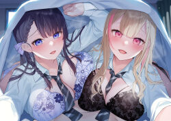 Rule 34 | 1boy, 2girls, bekotarou, black bra, black hair, blonde hair, blue bra, blue eyes, blush, bow, bowtie, bra, braid, breasts, cleavage, commentary request, hair ornament, hairclip, highres, large breasts, long sleeves, looking at viewer, multiple girls, open clothes, open mouth, open shirt, original, red eyes, smile, underwear