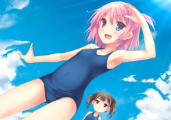 Rule 34 | 2girls, :&lt;, :d, arm up, blue eyes, blush, brown hair, cloud, day, fang, multiple girls, old school swimsuit, one-piece swimsuit, open mouth, original, pink hair, red eyes, ryo (botugo), school swimsuit, shading eyes, side ponytail, sky, smile, sunlight, swimsuit, triangle mouth, twintails