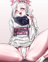 Rule 34 | 1girl, absurdres, arm support, black scarf, blue archive, blush, breath, cleft of venus, clothes lift, ear blush, female focus, flower, flower on head, foot out of frame, fundoshi, fur scarf, gradient background, half-closed eyes, halo, hand up, highres, japanese clothes, kimono, kimono lift, knee up, leaning back, long hair, long sleeves, looking at viewer, m/, mutsuki (blue archive), mutsuki (new year) (blue archive), naughty face, nose blush, official alternate costume, open mouth, petite, pink background, pink eyes, pointy ears, purple sash, red halo, saliva, sash, scarf, simple background, socks, solo, spread legs, teeth, tongue, tongue out, two-tone background, upper teeth only, white background, white hair, white kimono, white socks, wide sleeves, woo (woosan)
