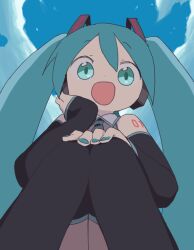 Rule 34 | 1girl, black thighhighs, cloud, detached sleeves, dokan (dkn), feet out of frame, from below, green eyes, green hair, green nails, grey shirt, hand on own face, hand on own knee, hatsune miku, headphones, long hair, long sleeves, looking at viewer, nail polish, necktie, open mouth, shirt, smile, solo, squatting, thighhighs, twintails, vocaloid