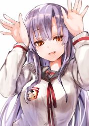 Rule 34 | 1girl, absurdres, amamitsu kousuke, bad id, bad twitter id, breasts, brown eyes, highres, large breasts, long hair, long sleeves, looking at viewer, neckerchief, original, parted lips, rabbit pose, school uniform, silver hair, smile, solo, upper body, white background