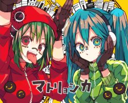 Rule 34 | 2girls, aqua eyes, aqua hair, arms up, brown gloves, building, city, eye print, eyelashes, facial mark, gloves, graffiti, green hair, green sweater, gumi, hands on own cheeks, hands on own face, hands up, hatsune miku, headphones, hood, hood up, hoodie, kaho 0102, long hair, matryoshka (vocaloid), mouth piercing, multicolored eyes, multiple girls, open mouth, parted lips, piercing, puckered lips, rabbit pose, red eyes, red hoodie, ringed eyes, sidelocks, smiley face, song name, sweater, teeth print, tongue, tongue out, twintails, vocaloid, yellow background, zipper