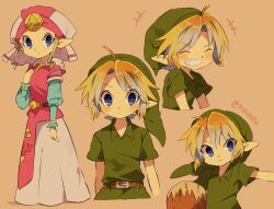 Rule 34 | +++, 1boy, 1girl, ^ ^, ahoge, artist name, belt, belt buckle, blonde hair, blue eyes, blush, brown belt, buckle, closed eyes, closed mouth, collared shirt, commentary request, dress, expressionless, frilled sleeves, frills, frown, full body, green headwear, green shirt, grin, hand up, hat, jewelry, layered sleeves, link, long sleeves, looking at viewer, multiple views, necklace, nintendo, orange background, parted bangs, pointy ears, princess zelda, shirt, short hair, short over long sleeves, short sleeves, sidelocks, simple background, smile, standing, teeth, the legend of zelda, the legend of zelda: ocarina of time, tokuura, triforce, twitter username, upper body, v-shaped eyebrows, white dress, white headwear, young link, young zelda