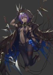 Rule 34 | 1girl, blue eyes, breasts, cleavage, cloak, dagger, fate/prototype, fate/prototype: fragments of blue and silver, fate (series), fingerless gloves, gloves, grey background, hassan of serenity (fate), knife, mask, navel, pants, purple hair, short hair, smile, weapon