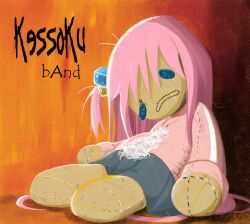 Rule 34 | album cover redraw, bocchi the rock!, button eyes, buttons, commentary, derivative work, english commentary, english text, fluff, goldiedood, gotoh hitori, hair ornament, highres, jacket, korn (band), messy hair, on floor, pink hair, skirt, slouching, stitches, stuffed toy, track jacket