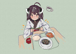 Rule 34 | 1girl, ahoge, blush, brown eyes, brown hair, closed mouth, commentary request, food, food request, green background, headgear, holding, japanese clothes, kimono, lamb (hitsujiniku), long sleeves, looking at viewer, notice lines, obi, plate, sash, simple background, smile, solo, table, touhoku kiritan, two side up, voiceroid, white kimono, wide sleeves