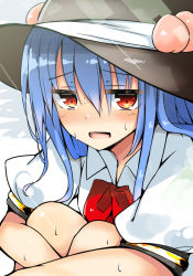 Rule 34 | 1girl, black hat, blue dress, blue hair, blush, bow, bowtie, dress, dress shirt, food, fruit, hat, hinanawi tenshi, hugging own legs, leaf, long hair, looking at viewer, open mouth, peach, puffy short sleeves, puffy sleeves, red bow, red bowtie, red eyes, shirt, short sleeves, solo, sunlight, sweat, touhou, upper body, very long hair, white shirt, wing collar, yuhito (ablbex)