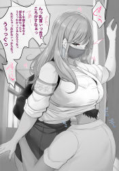 Rule 34 | 1boy, 1girl, against wall, armband, backpack, bag, blush, bracelet, breasts, ear piercing, earrings, frown, greyscale, hand on wall, head under another&#039;s clothes, hetero, highres, hoop earrings, hug, huge breasts, jewelry, mask, medium hair, monochrome, mouth mask, noripachi, original, piercing, shirt, short hair, sidelocks, skirt, sweat, translation request, under another&#039;s clothes, window