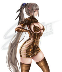 Rule 34 | 1girl, absurdres, adapted costume, bikini, bikini top only, bodysuit, breasts, brown bikini, brown bodysuit, brown gloves, closed mouth, commentary, copyright name, elbow gloves, english commentary, eve (stellar blade), from side, glasses, gloves, grey hair, hairband, high ponytail, highres, large breasts, light smile, lolita hairband, long hair, looking at viewer, mixed-language commentary, nijisatara, ponytail, semi-rimless eyewear, solo, stargazer suit (stellar blade), stellar blade, swimsuit, very long hair, white background