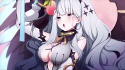 Rule 34 | 1girl, animated, animated gif, black wings, blush, breasts, cleavage, collar, eve (eversoul), eversoul, feathers, food, fruit, game cg, grey eyes, hair ornament, holding, holding food, holding fruit, horns, large breasts, long hair, non-web source, official art, open mouth, tongue, tongue out, white hair, wings