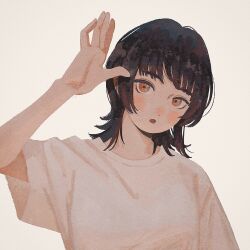Rule 34 | 1girl, brown eyes, brown hair, hand up, highres, kunitarou-art, looking at viewer, medium hair, open mouth, original, shirt, short sleeves, simple background, solo, t-shirt, upper body, white background, white shirt