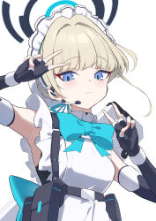 Rule 34 | 1girl, absurdres, belt, belt pouch, black belt, black gloves, black halo, blonde hair, blue archive, blue bow, blue bowtie, blue eyes, blue ribbon, blunt bangs, blush, bocchi (kuropom7), bow, bowtie, braid, breasts, closed mouth, collared shirt, commentary request, double v, earpiece, elbow gloves, fingerless gloves, french braid, gloves, hair ribbon, halo, highres, looking at viewer, maid headdress, medium breasts, pouch, ribbon, shirt, short hair, simple background, smile, solo, toki (blue archive), upper body, v, white background, white shirt
