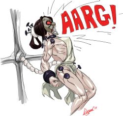 Rule 34 | 1girl, breasts, brown hair, bun cover, clenched hands, diepod, hair rings, hospital gown, huge weapon, mask, nail, no panties, open mouth, painwheel (skullgirls), red eyes, ribs, screaming, skullgirls, small breasts, solo, veins, weapon