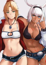 Rule 34 | 2girls, abs, animal ears, bbk (13zk), bikini, black bikini, body markings, braid, breasts, caenis (fate), cleavage, cowboy shot, cutoffs, dark-skinned female, dark skin, dog ears, fate/grand order, fate (series), french braid, grey background, hair intakes, hair ornament, hair scrunchie, halterneck, highleg, highleg bikini, highres, jacket, jewelry, large breasts, micro shorts, mordred (fate), mordred (fate/apocrypha), mordred (memories at trifas) (fate), multiple girls, navel, necklace, ponytail, red jacket, red scrunchie, scrunchie, shorts, studded jacket, swimsuit, tattoo