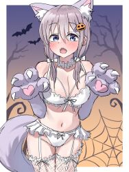 Rule 34 | 1girl, animal ears, animal hands, bare tree, bat (animal), blue eyes, bow, bow bra, bow panties, bra, breasts, choker, claw pose, commentary, cowboy shot, dog ears, fangs, fishnet thighhighs, fishnets, frilled bra, frilled choker, frilled panties, frilled thighhighs, frills, garter straps, gloves, grey hair, hair ornament, hair over shoulder, halloween, halloween costume, highres, jack-o&#039;-lantern, jack-o&#039;-lantern hair ornament, large breasts, lingerie, looking at viewer, low twintails, medium hair, navel, open mouth, oribe arata, original, panties, paw gloves, silk, spider web, standing, symbol-only commentary, tail, thighhighs, tree, twintails, underwear, white choker, white panties, white thighhighs, wolf ears, wolf tail