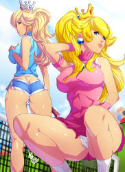 Rule 34 | 2girls, absurdres, ass, back, bike shorts, blonde hair, blouse, blue eyes, blue shirt, breasts, butt crack, cameltoe, crown, curly hair, day, earrings, hand in own hair, highres, jewelry, large breasts, long hair, mario (series), mario tennis, mario tennis: ultra smash, multiple girls, nintendo, outdoors, panties, pantyshot, pink shirt, princess peach, rosalina, shirt, short shorts, shorts, skirt, sleeveless, sleeveless shirt, socks, squatting, standing, super mario bros. 1, super mario galaxy, tennis, tennis court, tennis peach, tennis rosalina, topsu, underwear, upskirt, white panties, wristband