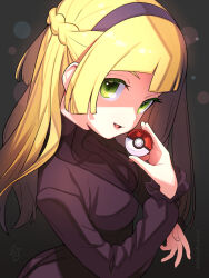 Rule 34 | 1girl, blonde hair, blunt bangs, braid, breasts, commentary request, cosplay, creatures (company), dress, eyelashes, frills, from side, game freak, green eyes, hairband, hand up, hex maniac (pokemon), hex maniac (pokemon) (cosplay), highres, holding, holding poke ball, kinocopro, lillie (pokemon), long hair, long sleeves, looking to the side, medium breasts, nintendo, open mouth, poke ball, poke ball (basic), pokemon, pokemon sm, pokemon xy, purple dress, purple hairband, smile, solo