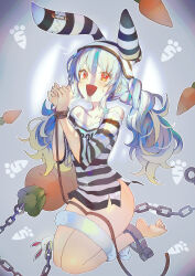 Rule 34 | 1girl, :d, absurdres, animal ears, ankle cuffs, bare shoulders, barefoot, blue hair, blush, bound, bound wrists, don-chan (usada pekora), hat, highres, hololive, kneeling, long hair, mont blanca, multicolored hair, open mouth, rabbit ears, red eyes, smile, solo, sweatdrop, twintails, two-tone hair, usada pekora, virtual youtuber, white hair