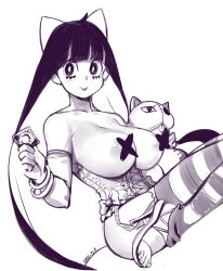 Rule 34 | 1girl, areola slip, blunt bangs, breasts, censored, censored nipples, colored inner hair, condom, corset, garter straps, high heels, long hair, monochrome, multicolored hair, panty &amp; stocking with garterbelt, sho-n-d, simple background, sitting, solo, stiletto heels, stocking (psg), striped clothes, striped thighhighs, thighhighs, topless, very long hair, white background