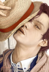 Rule 34 | 1boy, collared shirt, fedora, hat, highres, male focus, noenga, one piece, red hair, scar, shanks (one piece), shirt, solo, straw hat, striped clothes, striped shirt, unworn headwear