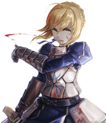 Rule 34 | 1girl, ahoge, armor, armored dress, artoria pendragon (fate), blonde hair, blood, blood on face, dress, fate/stay night, fate (series), gauntlets, green eyes, highres, labombardier!, saber (fate), solo