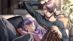 1boy 1girl beard blanket checkered_clothes checkered_shirt couch dolustoy facial_hair father_and_daughter grey_pants hand_on_own_head highres inazuma_eleven inazuma_eleven_(series) kudou_fuyuka kudou_michiya long_hair looking_at_another on_couch pants pillow purple_hair shirt sleeping