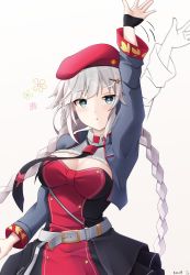 Rule 34 | 1girl, :&lt;, afterimage, arm up, belt, belt buckle, beret, black dress, black neckwear, blue eyes, blue jacket, braid, breasts, buckle, cleavage, commentary, commission, cropped jacket, dress, floral background, flower-shaped pupils, girls&#039; frontline, grey background, grey hair, hair ornament, hairclip, hat, highres, jacket, keenh, long hair, long sleeves, looking at viewer, medium breasts, open clothes, open jacket, ots-12 (girls&#039; frontline), parted lips, print neckwear, red hat, signature, simple background, solo, star (symbol), star hair ornament, star print, symbol-shaped pupils, triangle mouth, twin braids, very long hair, waving, white belt