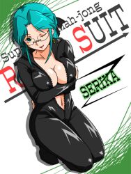 Rule 34 | 1girl, aqua eyes, aqua hair, biker clothes, bikesuit, bodysuit, breast hold, breasts, center opening, character name, copyright name, crossed arms, drop shadow, full body, kneeling, large breasts, lipstick, long hair, long sleeves, makeup, non-web source, official art, one eye closed, randou serika, red lips, rimless eyewear, round eyewear, smile, solo, super real mahjong, tanaka ryou, unzipped