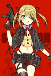 Rule 34 | 1girl, :q, black gloves, black jacket, black panties, black shorts, blonde hair, blue eyes, character name, closed mouth, commentary, cowboy shot, eyepatch, girls&#039; frontline, gloves, gun, headgear, highleg, highleg panties, holding, holding gun, holding weapon, jacket, long sleeves, looking at viewer, magazine (weapon), medium hair, midriff, neck ribbon, panties, pouch, red background, red ribbon, ribbon, shirt, short shorts, shorts, skindentation, skorpion (girls&#039; frontline), smile, solo, standing, submachine gun, thigh gap, thigh pouch, thigh strap, tongue, tongue out, totonii (totogoya), twintails, underwear, weapon, yellow shirt