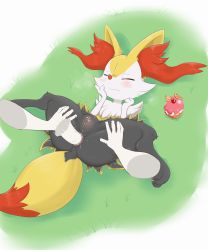 Rule 34 | 1boy, 1girl, anal, animal ear fluff, animal ears, animal hands, anus, ass juice, blush, braixen, cherry, cleft of venus, clitoris, closed eyes, closed mouth, creatures (company), cupcake, disembodied limb, erection, fang, food, fox ears, fox tail, fruit, full body, furry, game freak, gen 6 pokemon, grass, green background, hand on own face, hands up, hetero, highres, interspecies, lying, motion lines, nintendo, on back, orange (fruit), orange slice, outdoors, pawpads, penis, pokemon, pokemon (creature), pokephilia, pussy, pussy juice, sake kemosalmon, sex, shiny skin, spread legs, tail, uncensored, veins, veiny penis