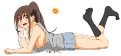 Rule 34 | 1girl, :d, black footwear, black socks, blue shorts, blush, breasts, brown eyes, brown hair, commentary request, earrings, grey tank top, hair between eyes, hand on own cheek, hand on own face, high ponytail, highres, homura minori, jewelry, large breasts, legs up, long hair, lying, on stomach, open mouth, original, shorts, sideboob, sidelocks, smile, smiley face, socks, solo, tank top, thighs